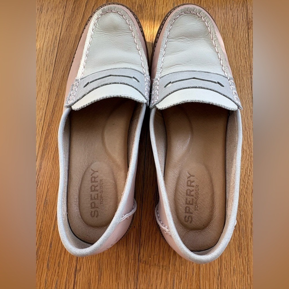 Sperry Top-Sider Cream Gray Blush Pink Leather Penny Loafers Women's 6.5 - Picture 2 of 6